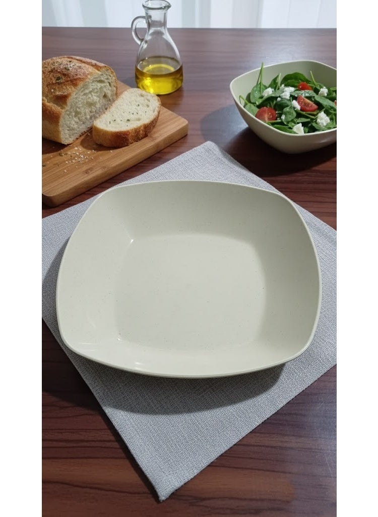 Square Plastic Deep Plate for Pasta & Breakfast - Unbreakable Serving Bowl with Speckled Design (Granite Look) - Beige Cream - Image 1